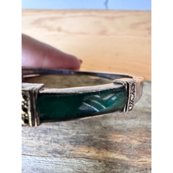 Silver Bangle Bracelet Red Green Stone Inlays & Safety Chain - Picture 3 of 10